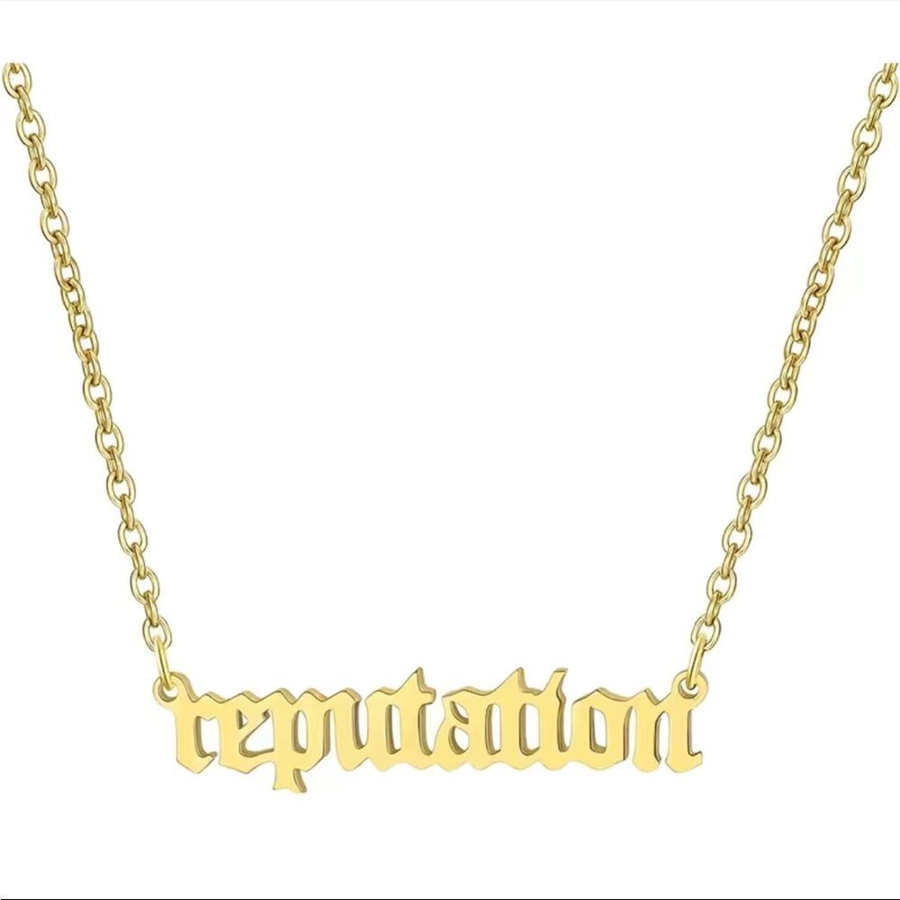 NWT REPUTATION gold-tone word-plate banner necklace new with tags